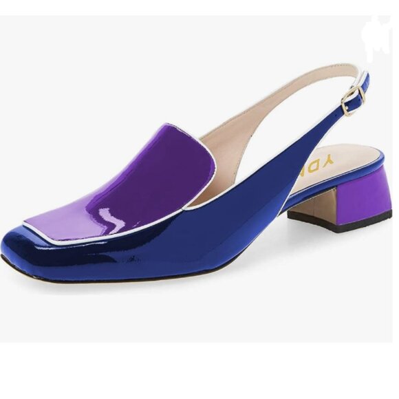 YDN Blue And Purple Square Toe Block Low Heels Slingback Pump Dressy Shoes - Picture 1 of 8